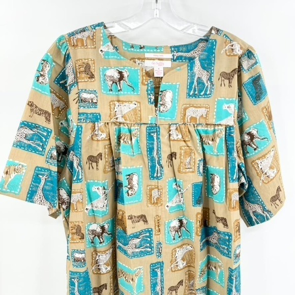 Go Softly Patio Dress Grandma House Animal Zebra Safari Sz M Tan Giraffe Midi - Picture 2 of 5